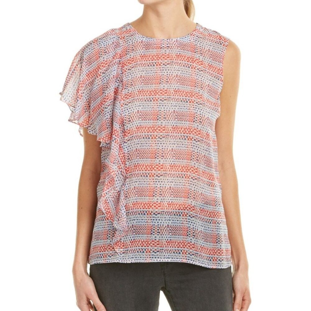BCBGMAXAZRIA  Ruffle Shoulder SILK Top size  Large
